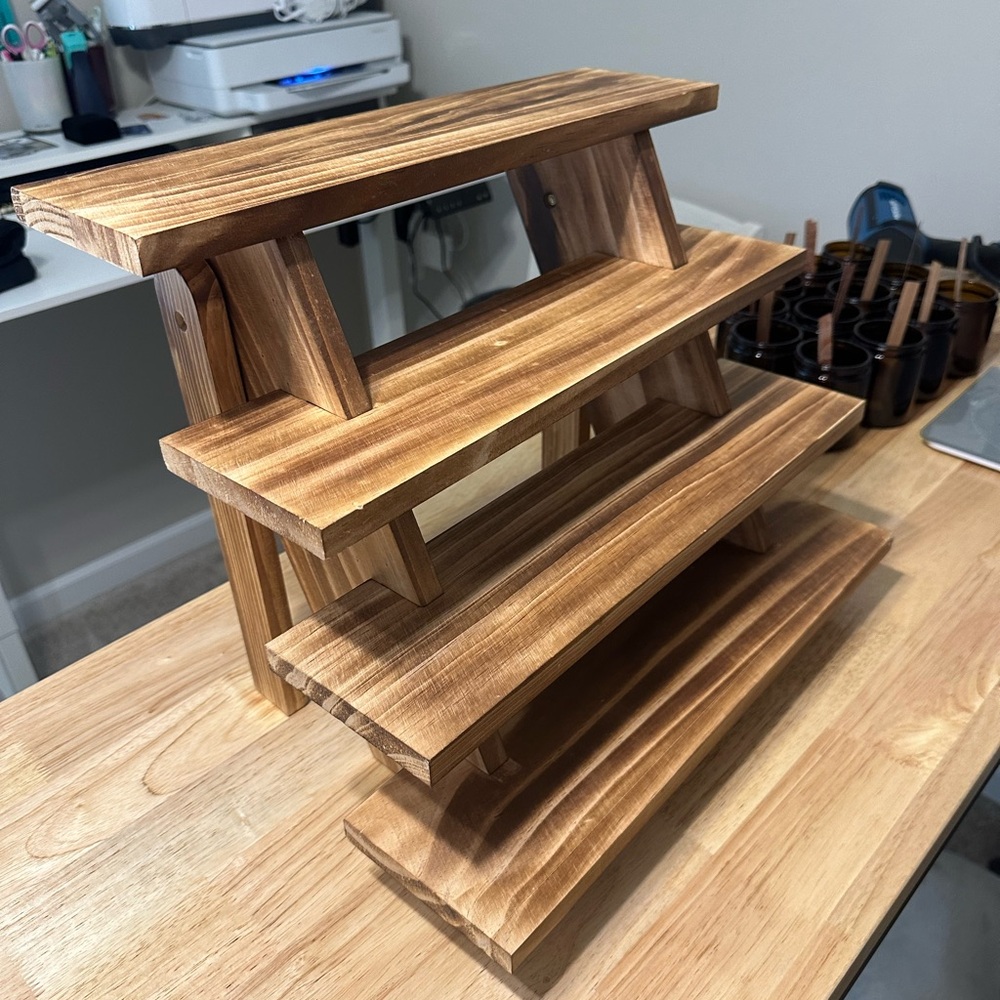 Tiered wood tray collapsible for storage